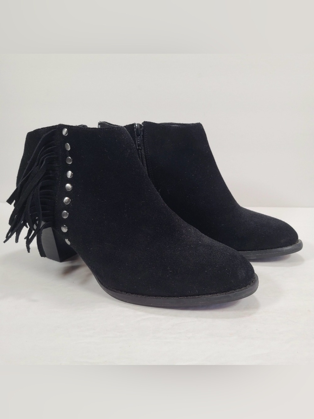 Vionic Faros Black Suede Fringed Boho Coastal Cowgirl Ankle Booties Women 6.5